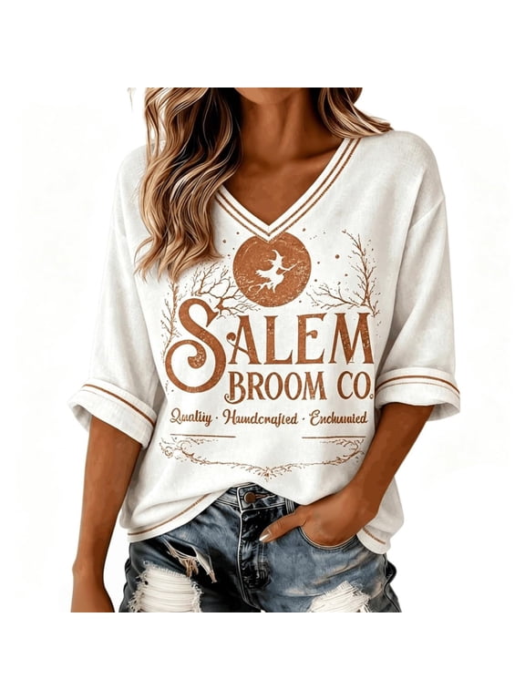 Women Salem Broom Company Halloween Witch Printed Vintage Classic Tshirt 3/4 Sleeve V Neck Halloween Casual Tops 5XL