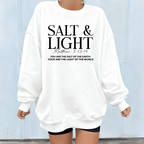 Women Salt Light Matthew 5 13 14 Faith Graphic Tee T Shirt Inspirational Christian Suitable Top Round-neck long-sleeved white S-3XL