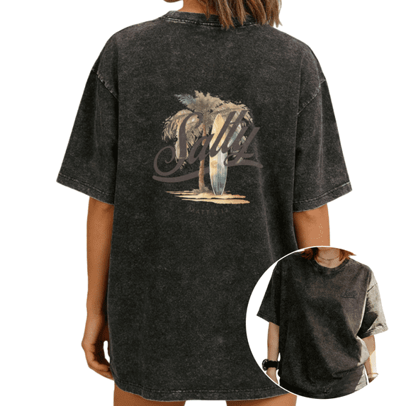 Women Salty Palm Tree Surfboard Watercolor Graphic Tees T Shirt Tops Round Neck Cotton Washed T Shirt Black S-2XL Plus Size
