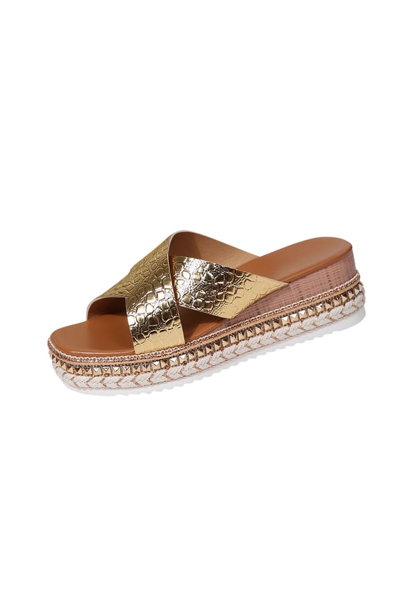 Women Sandals Beach Platform Sandals PU Leather Slip-On Thick Bottom Cross Casual Solid Color Slippers Summer Platform Slides Gold Women Sandal