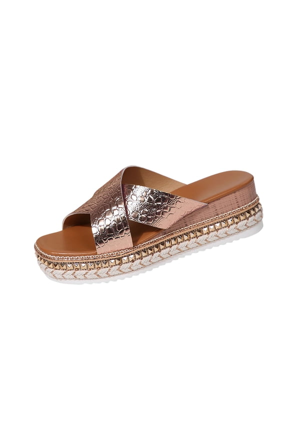 Women Sandals Beach Platform Sandals PU Leather Slip-On Thick Bottom Cross Casual Solid Color Slippers Summer Platform Slides Rose Gold Women Sandal
