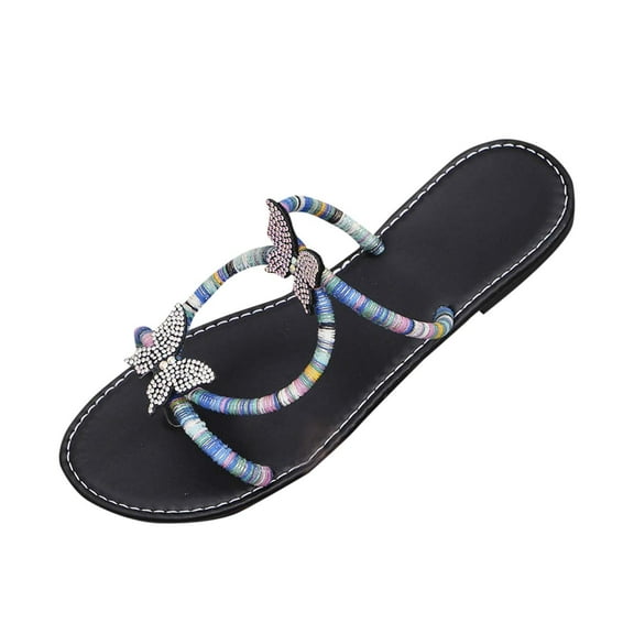 Women Sandals Butterfly Rhinestone Dressy Casual Summer Comfortable Flat Sandal Beaded Sparkly Elastic Ankle Strap Beach Slippers Black Women Sandal