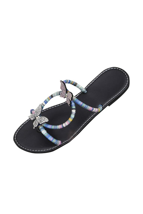 Women Sandals Butterfly Rhinestone Dressy Casual Summer Comfortable Flat Sandal Beaded Sparkly Elastic Ankle Strap Beach Slippers Black Women Sandal