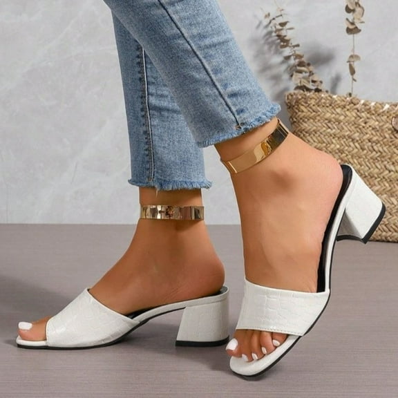 Women Sandals Chunky Heel Open Toe Slip-on Solid Color High Heel Slides Sandals Slippers Women Dressy Comfortable Summer Casual Sandals White 37