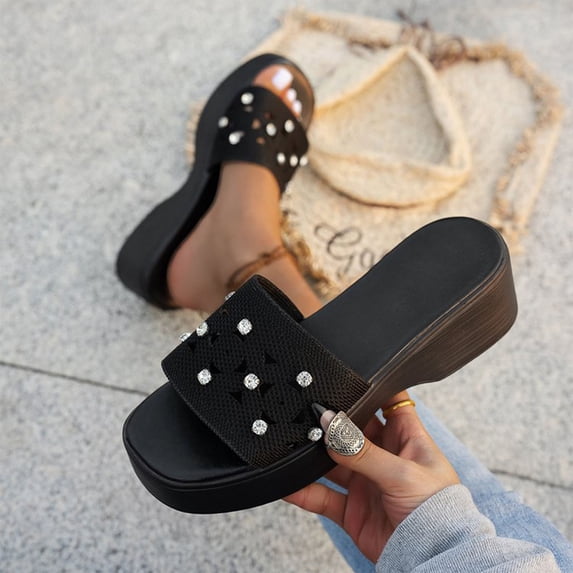 Women Sandals Evening Wedding Party Strap High Wedge Heel Ladies Diamante Shoes Black 6.5