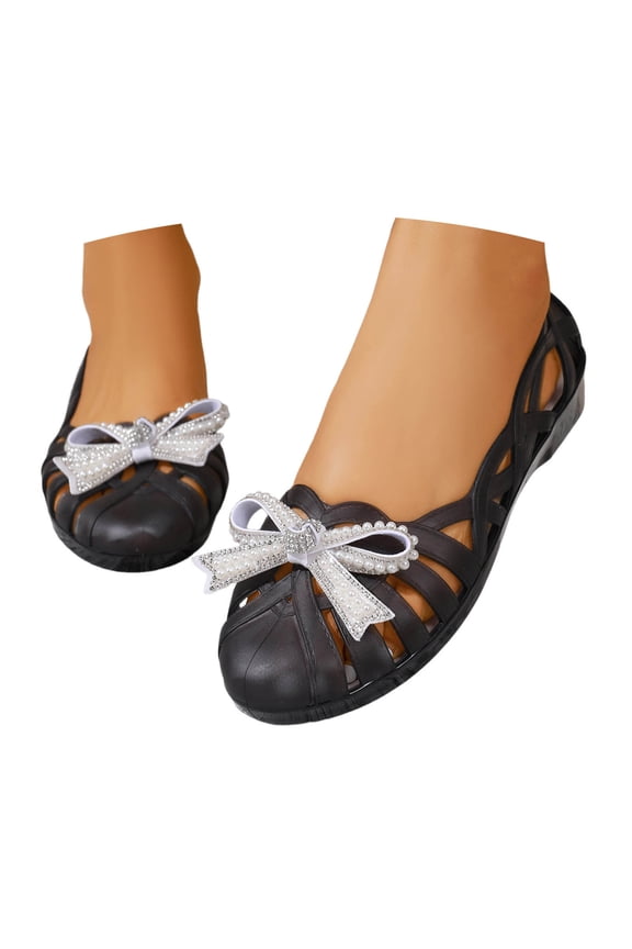 Women Sandals Hollow Out Jelly Material Bow Decor Low Heel Slip On Ballerina Shoes Summer Casual Footwear ,Us Size:8