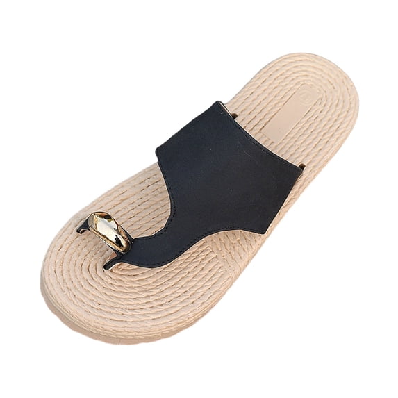 Women Sandals Jute Textured Toe Post Sandals For Comfortable Slip On Beach Summer Casual Flat Footwear ,Us Size:7