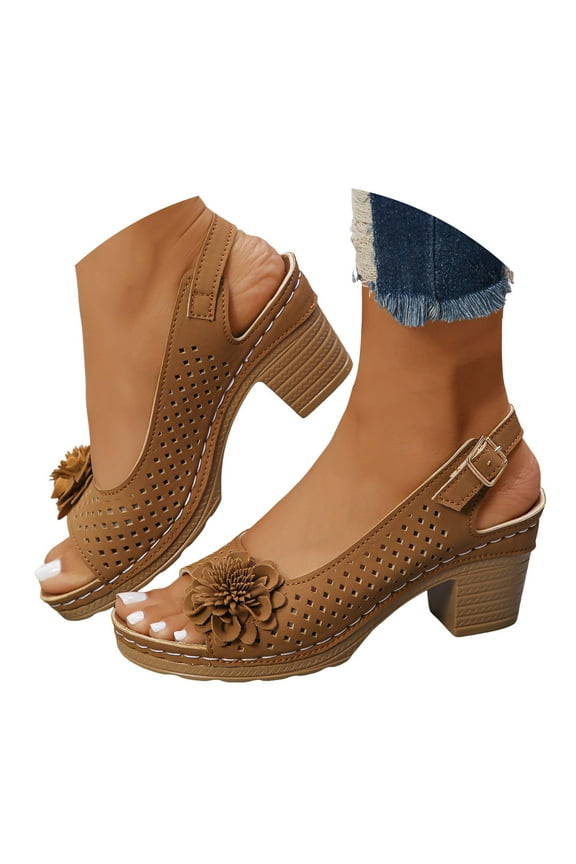 Women Sandals Open Toe Ankle Buckle Heel Cut Out Sandals Casual Solid Color Hollow Out Floral Sandal Dressy Wedding Dance Shoes