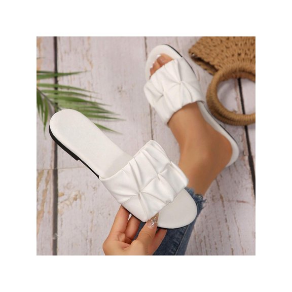 Women Sandals Square Toe Pleated Flat Summer Beach Comfortable Stylish Slide Design