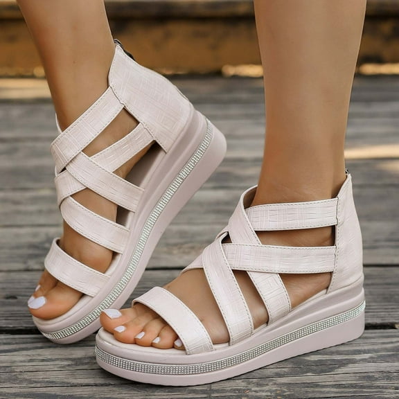 Women Sandals Wedge Heel Open Toe Ankle Straps Rhinestone Shoes Women's Trendy Casual Outdoor Shoes for Beach Fashion 8.5