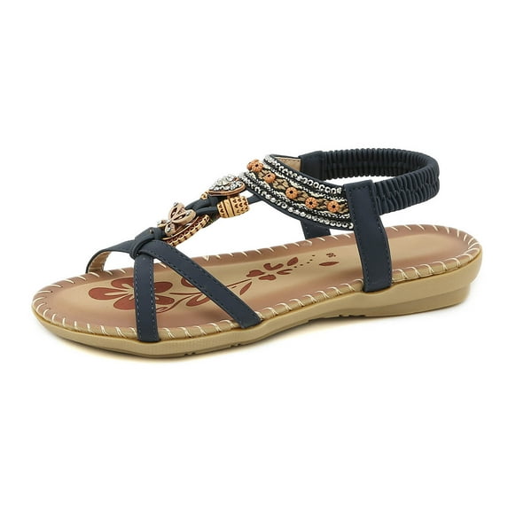 Women Sandals clearance for Juebong Flat Sandals for Women Girls Dressy Summer Flat Shoes Comfortable Bohemian Elastic Ankle Strap Beach Walking Sandals for Women