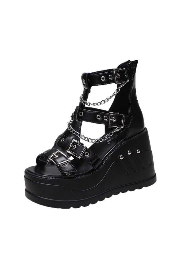 Women Sandals clearance for Juebong Platform Sandals for Women Open Toe Wedge High Heel Cutout Studded Buckle Black Punk Sandals Cosplay Gothic Shoes