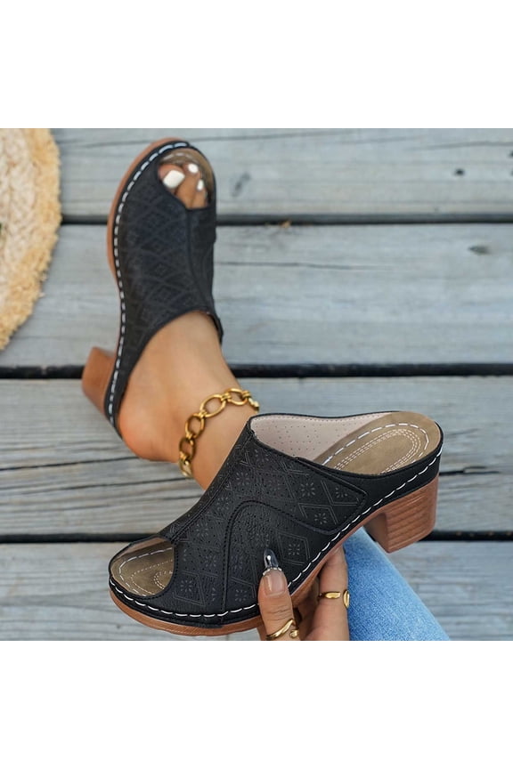 Women Sandles Women's Fashionable Casual Spring And Summer Trendy Solid Color Half-Covered Head High-Heeled Slippers,Black,41