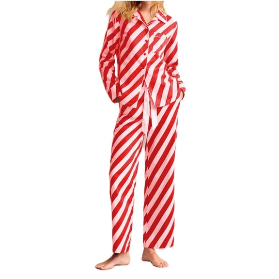 Women Santa Pajama Set Colorblock Stripes Long Sleeve Button Down 2 Piece Lounge Pjs Set Trendy Sleepwear