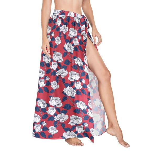 Women Sarong Wraps Abstract Peony Flowers Swimsuit Beach Pareo Bikini Coverups Skirt L
