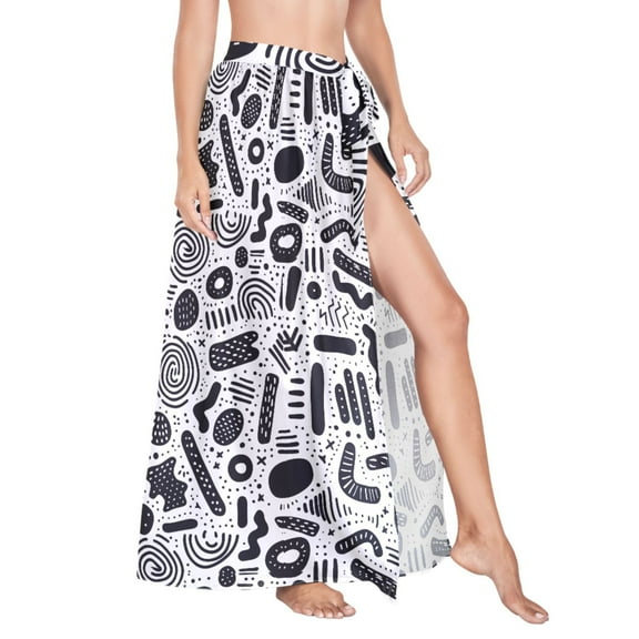 Women Sarong Wraps Black Graffiti on White Swimsuit Beach Pareo Bikini Coverups Skirt L
