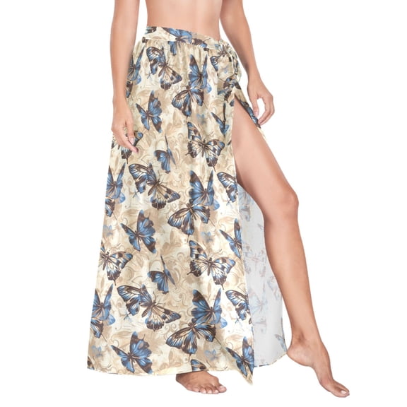 Women Sarong Wraps Blue Butterflies Swimsuit Beach Pareo Bikini Coverups Skirt L