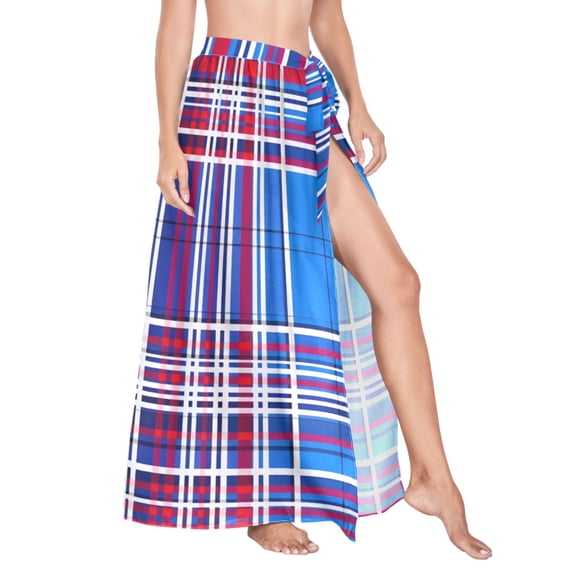 Women Sarong Wraps Blue Checkered Swimsuit Beach Pareo Bikini Coverups Skirt L