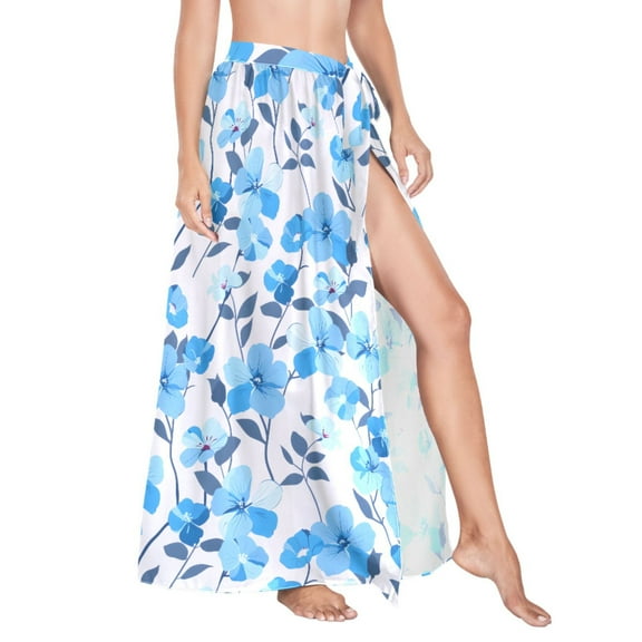 Women Sarong Wraps Blue Flowers Swimsuit Beach Pareo Bikini Coverups Skirt L