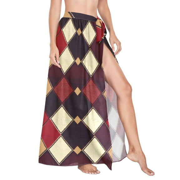Women Sarong Wraps Brown Checkered Plaid Pattern Swimsuit Beach Pareo Bikini Coverups Skirt L