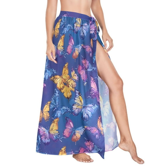 Women Sarong Wraps Butterflies on Blue Swimsuit Beach Pareo Bikini Coverups Skirt L