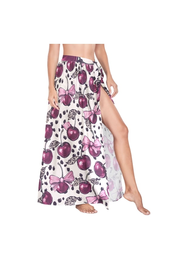 Women Sarong Wraps Cherry with Leopard Swimsuit Beach Pareo Bikini Coverups Skirt L