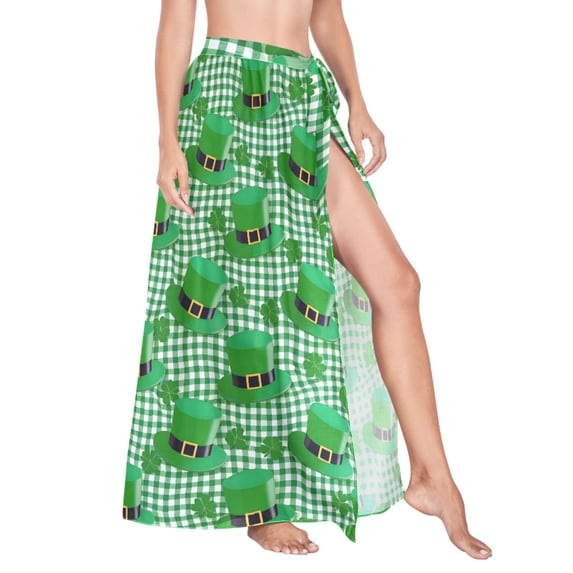 Women Sarong Wraps Clover Hats on Checkered Swimsuit Beach Pareo Bikini Coverups Skirt L