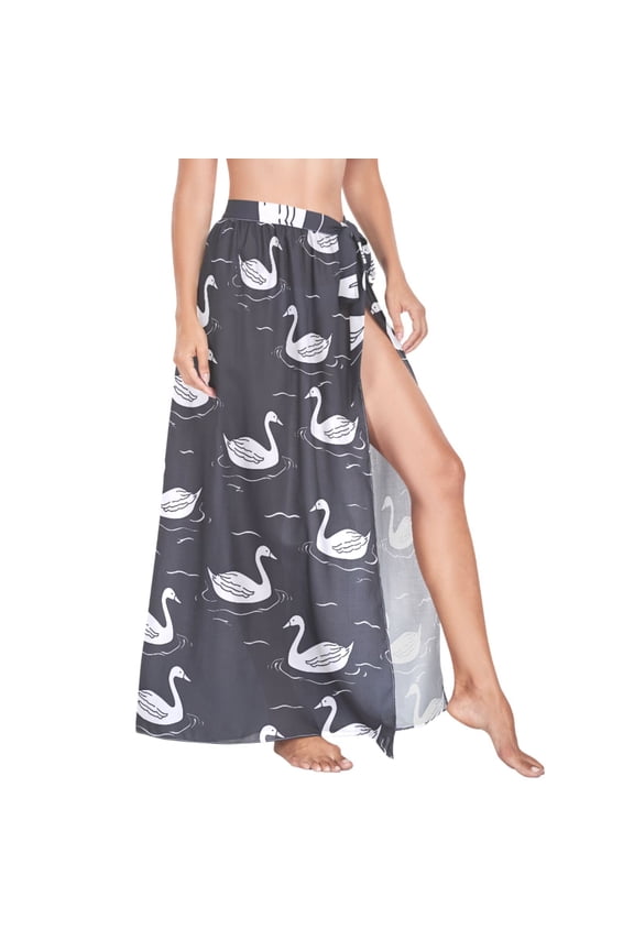 Women Sarong Wraps Cute Swan and Water Wave Swimsuit Beach Pareo Bikini Coverups Skirt M