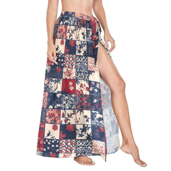 Women Sarong Wraps Ethnic Bohemia Flower on Checkered Swimsuit Beach Pareo Bikini Coverups Skirt L