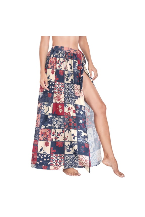 Women Sarong Wraps Ethnic Bohemia Flower on Checkered Swimsuit Beach Pareo Bikini Coverups Skirt L