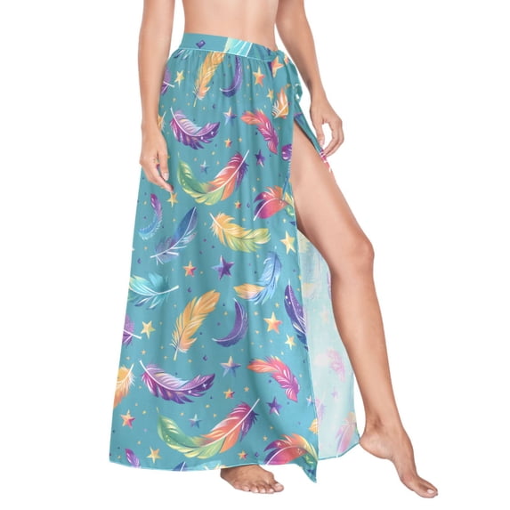 Women Sarong Wraps Feathers Stars Swimsuit Beach Pareo Bikini Coverups Skirt M