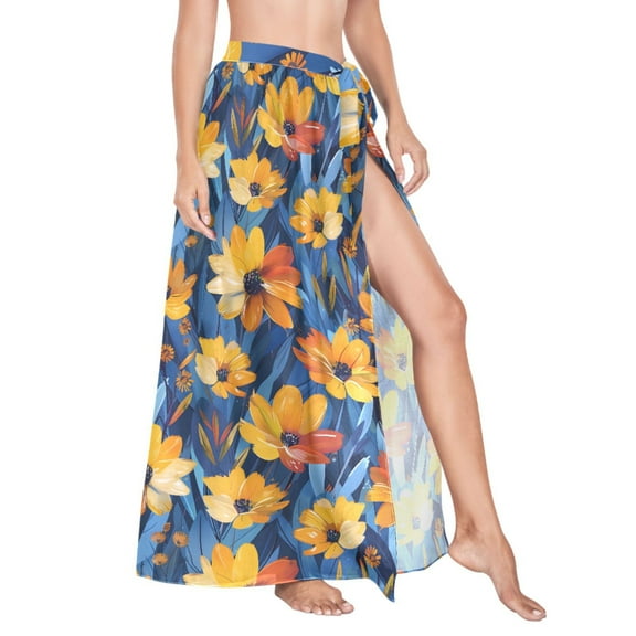Women Sarong Wraps Flower Painting Swimsuit Beach Pareo Bikini Coverups Skirt L