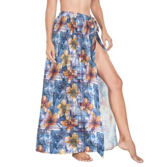 Women Sarong Wraps Flower on Grid Abstract Swimsuit Beach Pareo Bikini Coverups Skirt M