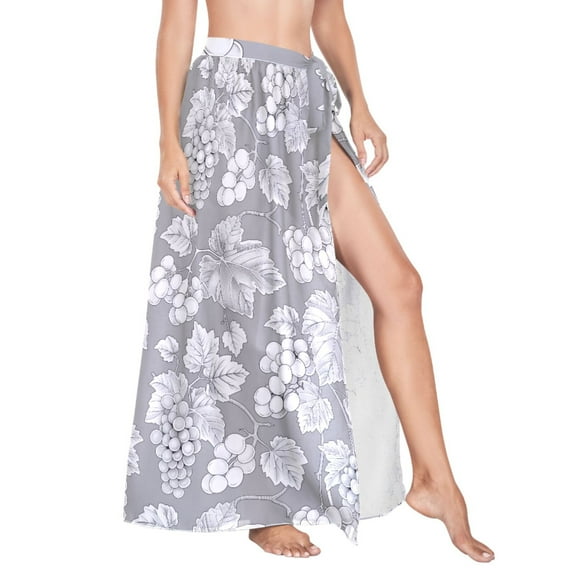 Women Sarong Wraps Grape Pattern on Gray Swimsuit Beach Pareo Bikini Coverups Skirt L