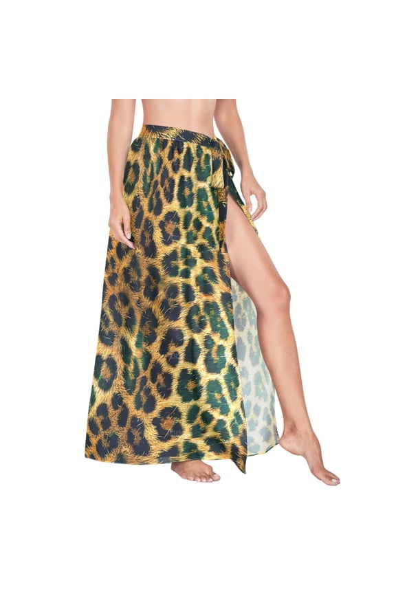 Women Sarong Wraps Green Leopard Print Swimsuit Beach Pareo Bikini Coverups Skirt M