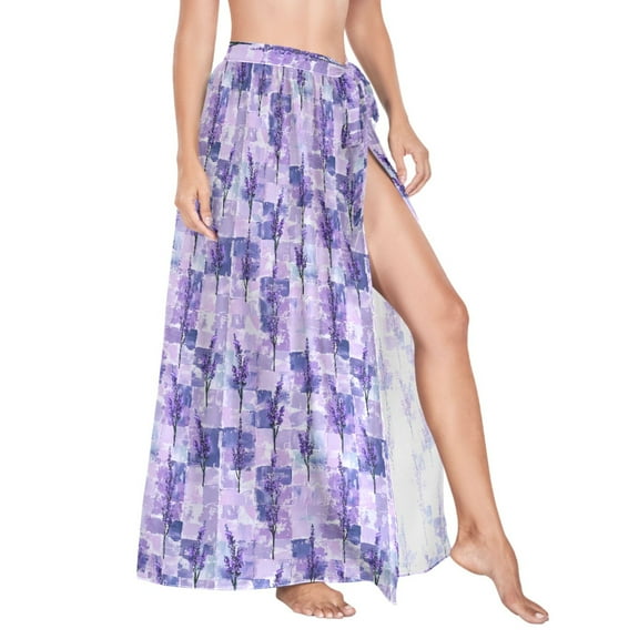 Women Sarong Wraps Lavender on Grid Swimsuit Beach Pareo Bikini Coverups Skirt L