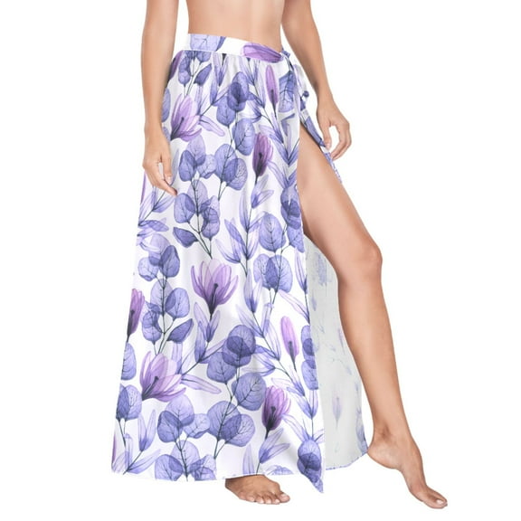 Women Sarong Wraps Leaves and Flowers Purple Swimsuit Beach Pareo Bikini Coverups Skirt L