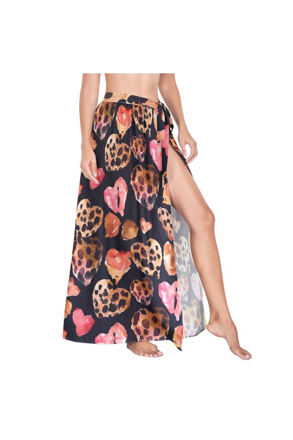 Women Sarong Wraps Leopard and Heart Swimsuit Beach Pareo Bikini Coverups Skirt L