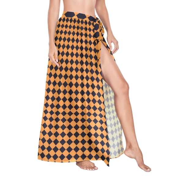 Women Sarong Wraps Orange Checked Grid Pattern Swimsuit Beach Pareo Bikini Coverups Skirt M
