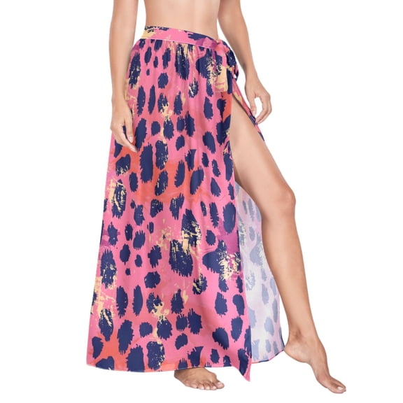Women Sarong Wraps Pink Leopard Print Swimsuit Beach Pareo Bikini Coverups Skirt L