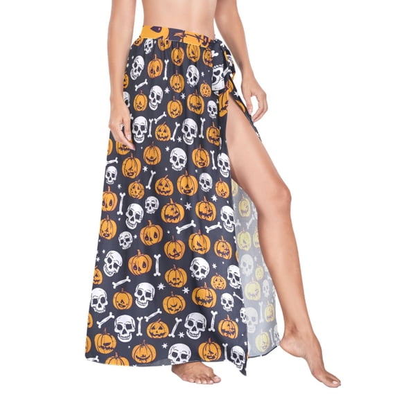 Women Sarong Wraps Pumpkin Skeleton Halloween Swimsuit Beach Pareo Bikini Coverups Skirt M