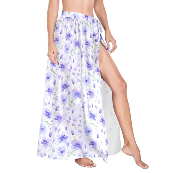 Women Sarong Wraps Purple Flowers Swimsuit Beach Pareo Bikini Coverups Skirt L