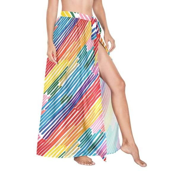 Women Sarong Wraps Rainbow Geometric Stripes Print Swimsuit Beach Pareo Bikini Coverups Skirt M