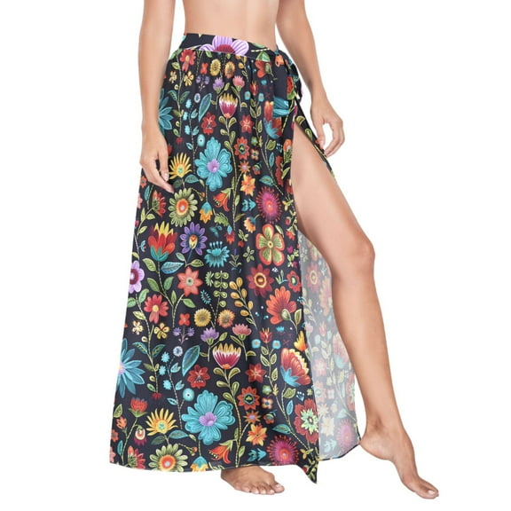 Women Sarong Wraps Retro Blooming Flowers Swimsuit Beach Pareo Bikini Coverups Skirt L