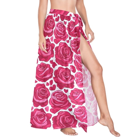 Women Sarong Wraps Rose Flower Heart Swimsuit Beach Pareo Bikini Coverups Skirt L