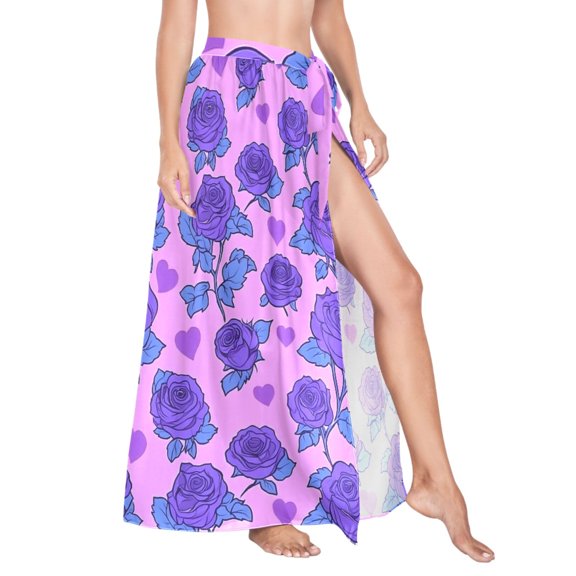 Women Sarong Wraps Rose Flower Purple Swimsuit Beach Pareo Bikini Coverups Skirt L