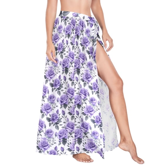 Women Sarong Wraps Rose Flowers Purple Swimsuit Beach Pareo Bikini Coverups Skirt L