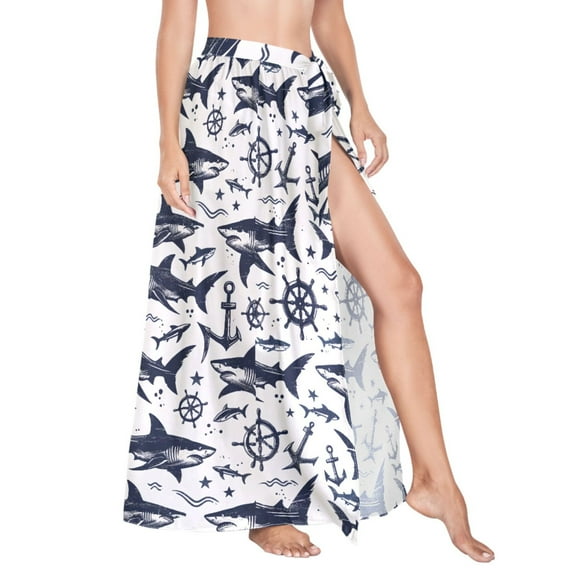Women Sarong Wraps Seamless Sketch Shark Pattern Swimsuit Beach Pareo Bikini Coverups Skirt L