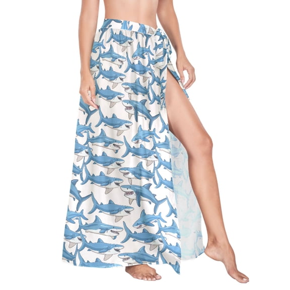 Women Sarong Wraps Shark on Beige Swimsuit Beach Pareo Bikini Coverups Skirt M