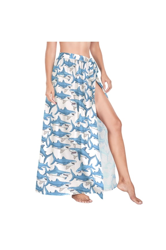 Women Sarong Wraps Shark on Beige Swimsuit Beach Pareo Bikini Coverups Skirt M